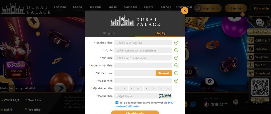 Việc đăng ký tài khoản Dubai Palace dễ dàng, nhanh chóng